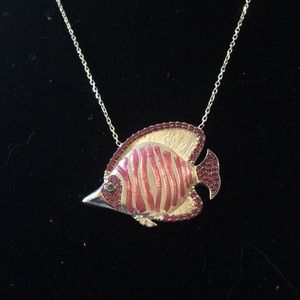 Sterling Ruby & Emerald Encrusted Fish Necklace